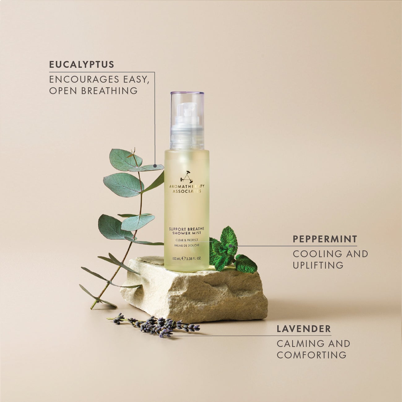 Support Breathe Shower Mist bottle surrounded by eucalyptus, peppermint, and lavender with benefits listed