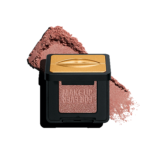 Shimmer eyeshadow in rose gold with black and gold compact case showing swatched product
