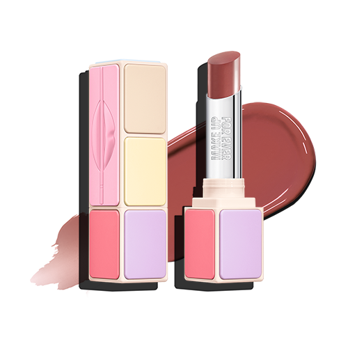 Colorful makeup palette with eyeshadows, lipstick, and nude blush in pink, purple, and coral tones