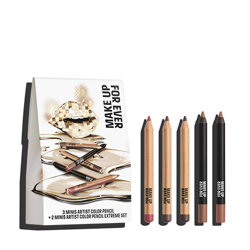 Set of 5 makeup artist color pencils in nude, brown, black, and burgundy shades with instruction box