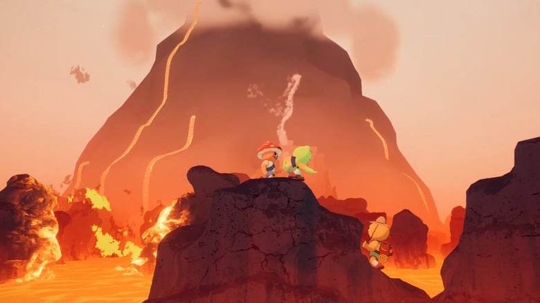 Animated characters standing on rocky terrain with volcanic landscape and lava