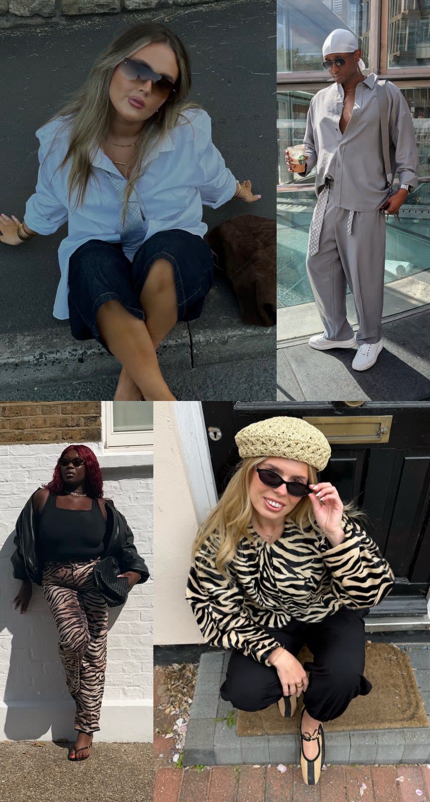 Collage of four people wearing various casual and patterned outfits with sunglasses