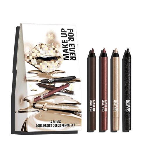 Set of 4 mini aqua resist color pencils in brown, burgundy, nude, and black with product packaging