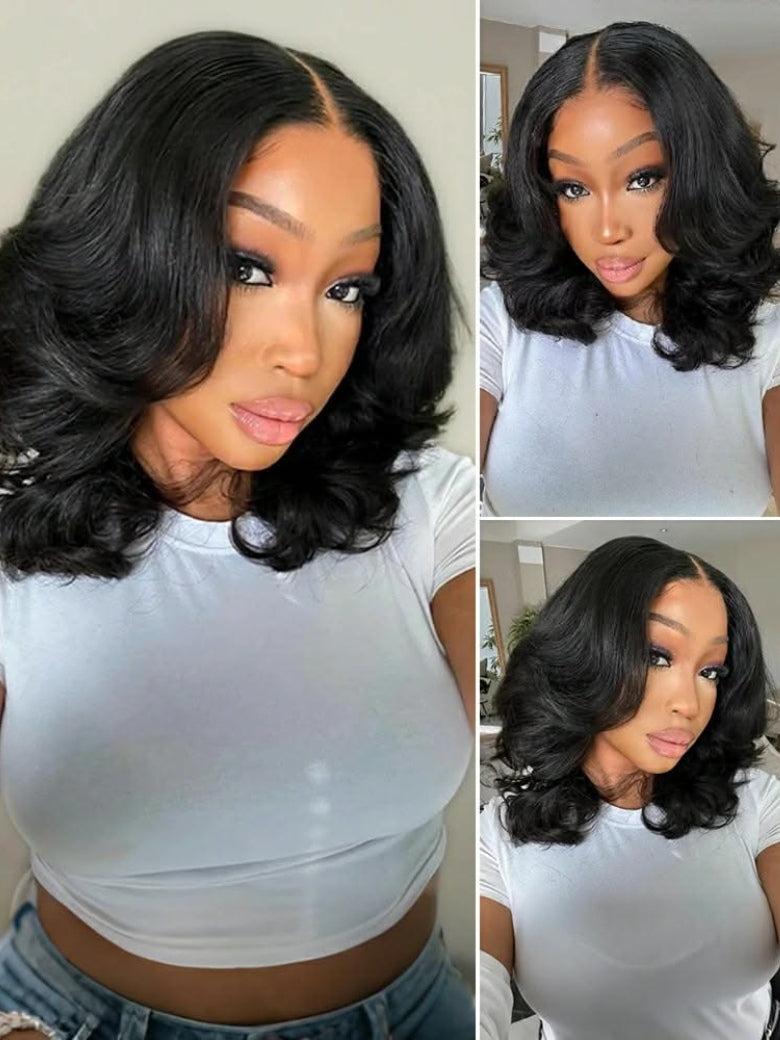 Woman with black wavy medium-length wig styled in multiple angles showing different perspectives and volume