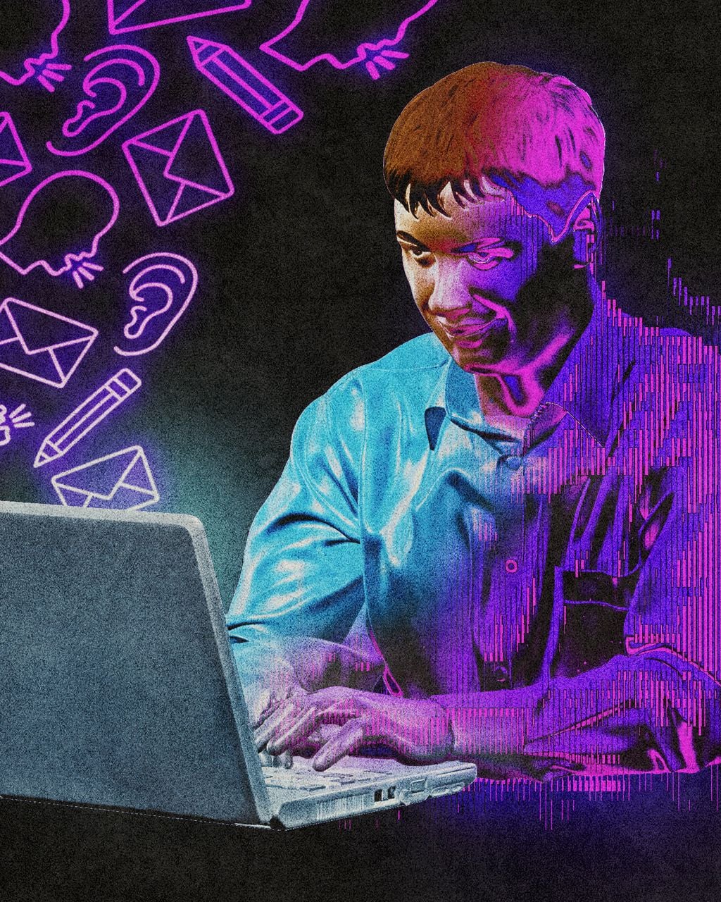 Man at laptop surrounded by neon purple icons representing communication and digital symbols on dark background