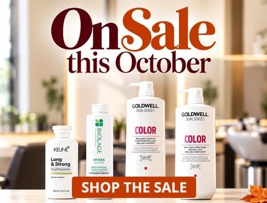 October sale promotion displaying hair care product bottles including shampoo and conditioner with autumn pumpkin decoration