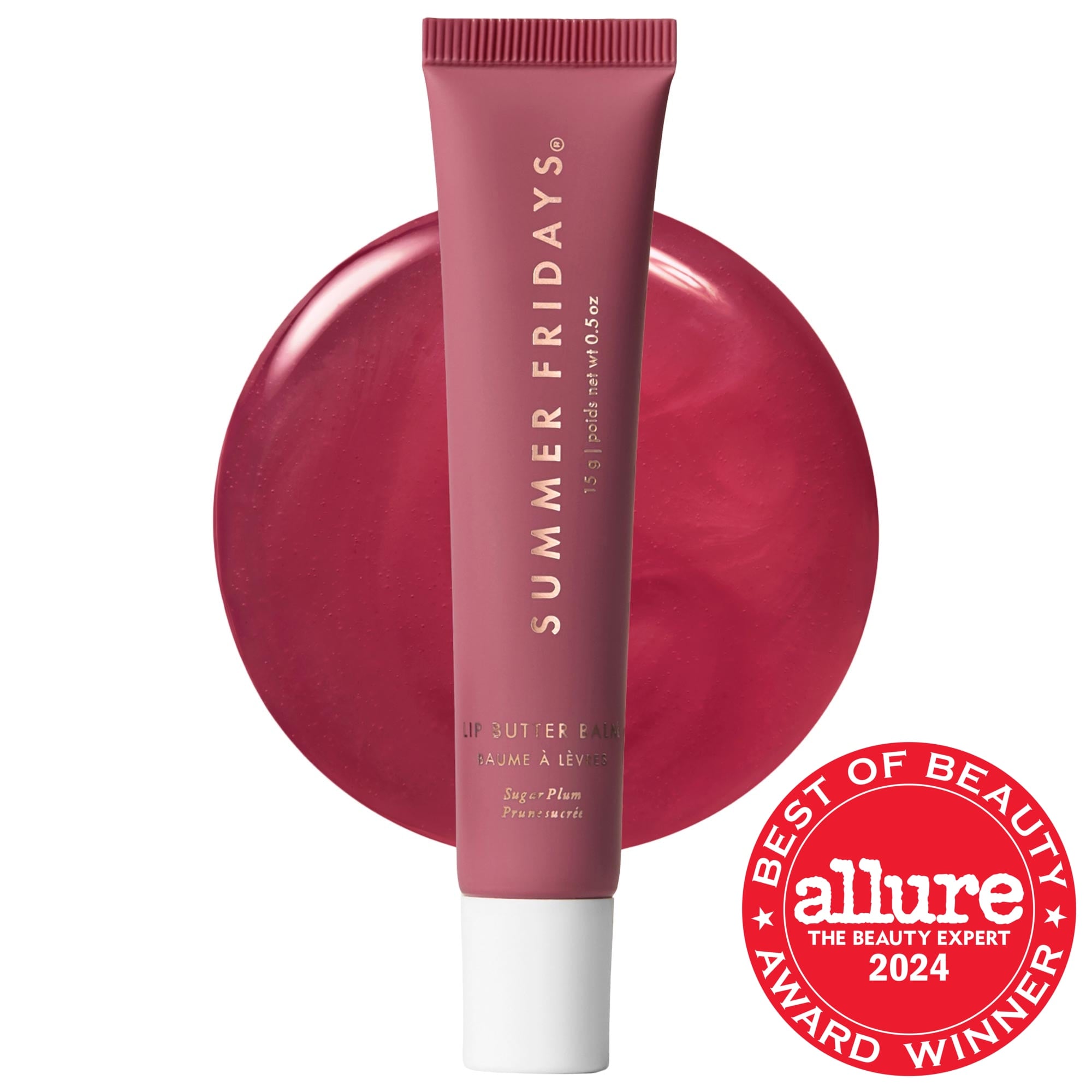 Mauve lip butter balm tube with sugar plum flavor and Allure Best of Beauty 2024 award