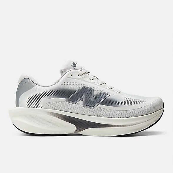 White and grey mesh running shoe with dark accent details and white midsole, side view