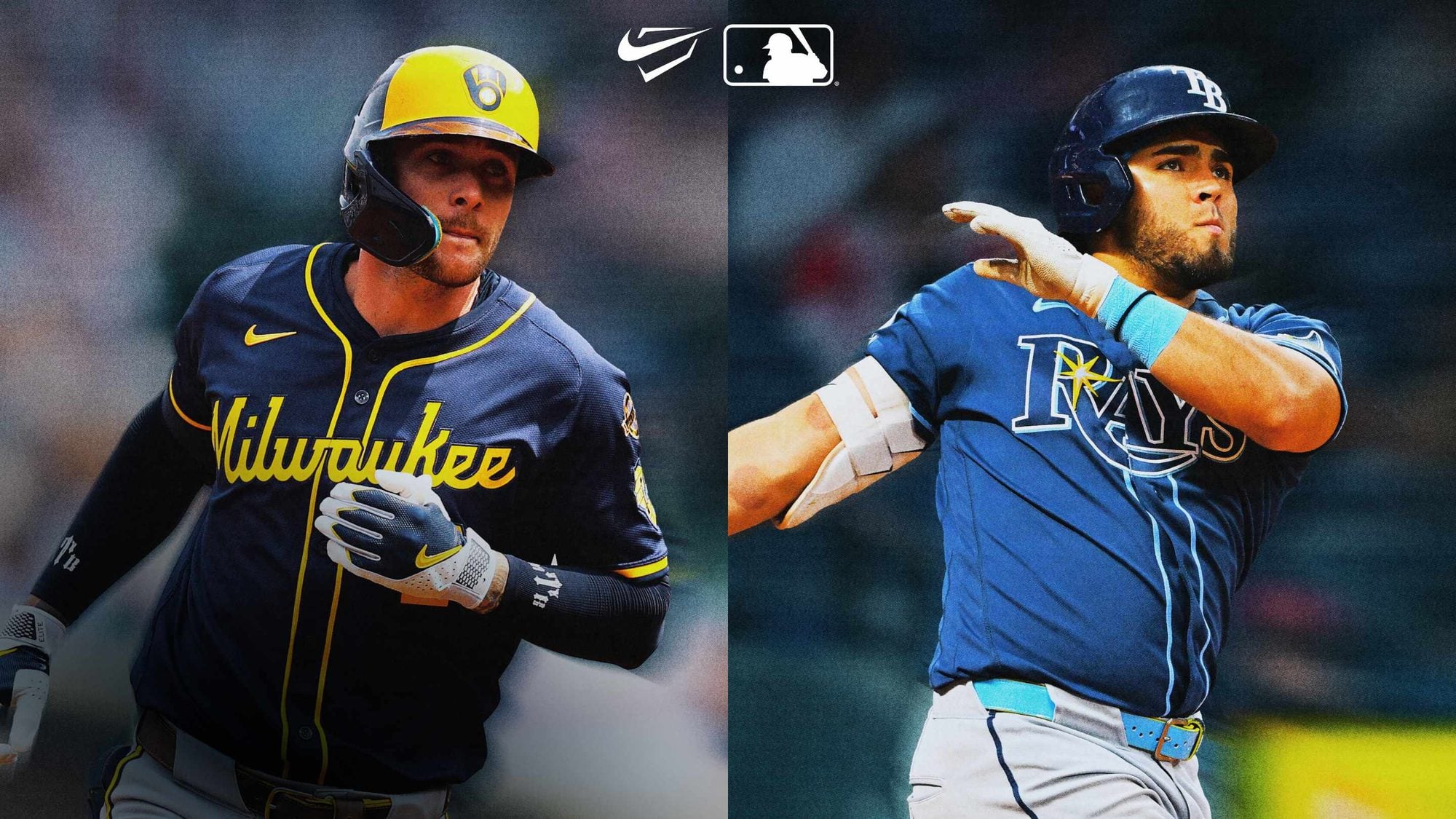 Baseball players in Milwaukee Brewers and Tampa Bay Rays uniforms with Nike and MLB logos