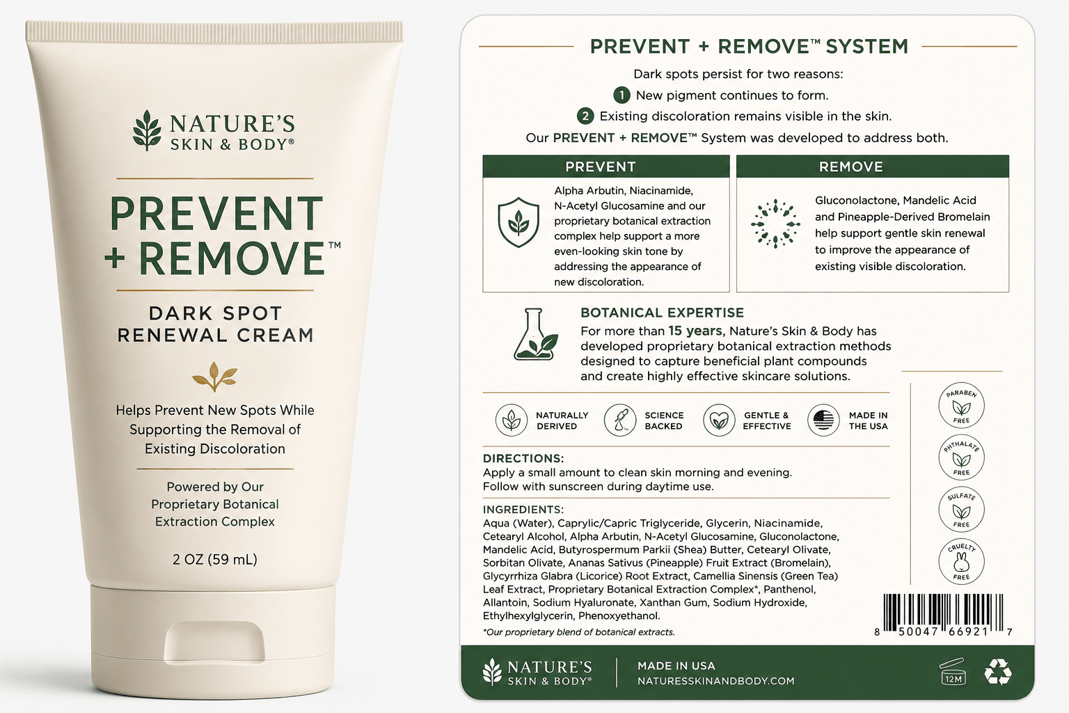 Tube of dark spot renewal cream displayed with product information card showing prevent and remove system details