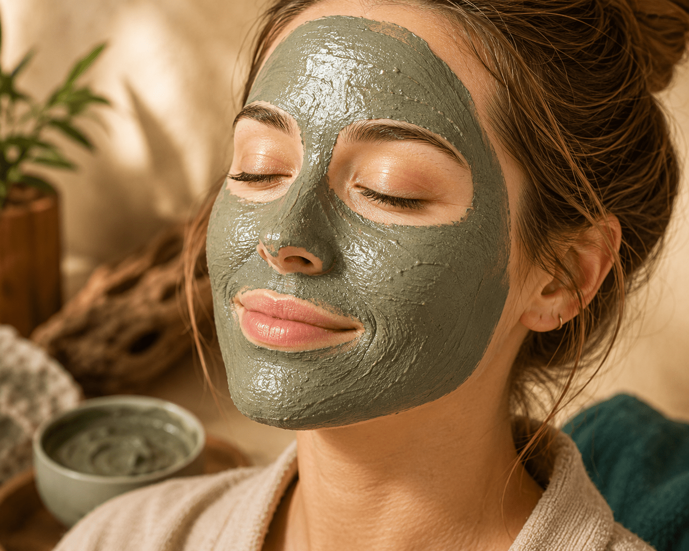 Woman with closed eyes wearing thick green clay mask on her face in spa setting
