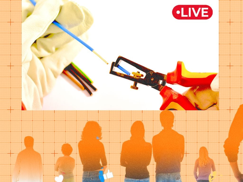 Live stream interface showing hands with tools and silhouettes of audience members against orange grid background